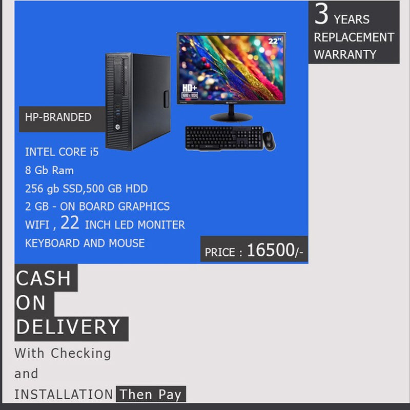 Hp Desktop I5 | 8 GB RAM | 256 GB SSD | 500 GB HDD | WIFI | Windows 10 | Ms office | 22 INCH MONITER | Keyboard and Mouse - 3 year warranty