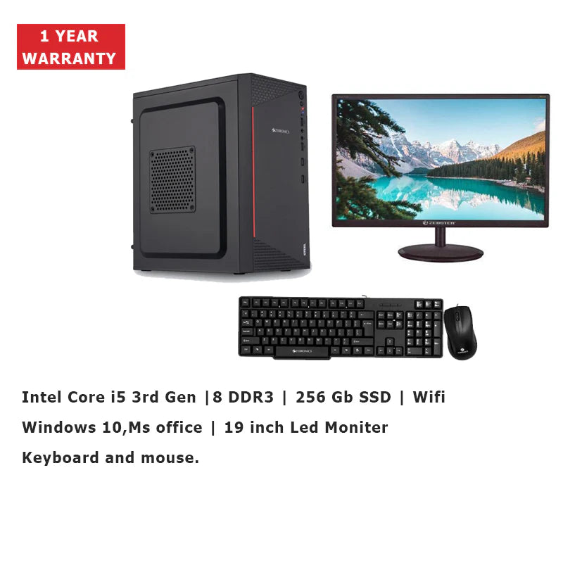 Intel Core i5 3rd Gen |8 DDR3 | 256 Gb SSD | Wifi | Windows 10,Ms office | 19 inch Led Moniter | Keyboard and mouse | (1 year warranty)