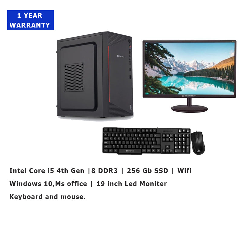 Intel Core i5 4th Gen | 8 DDR3 | 256 Gb SSD | Wifi | Windows 10,Ms office | 19 inch Led Moniter | Keyboard and mouse | (1 year warranty)