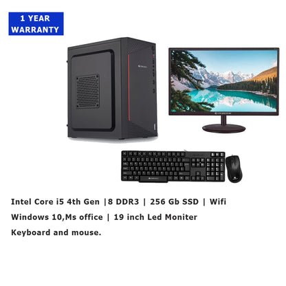 Intel Core i5 4th Gen | 8 DDR3 | 256 Gb SSD | Wifi | Windows 10,Ms office | 19 inch Led Moniter | Keyboard and mouse | (1 year warranty)