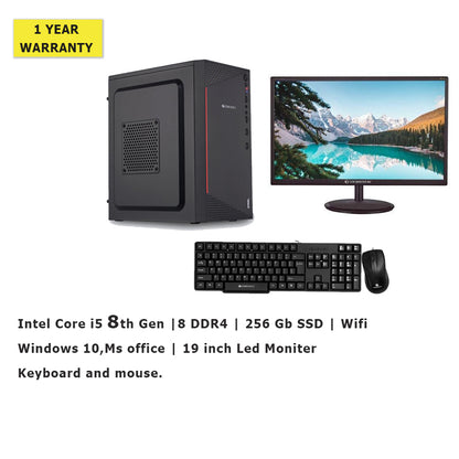 Intel Core i5 8th Gen | 8 DDR4 | 256 Gb SSD | Wifi | Windows 11,Ms office | 19 inch Led Moniter | Keyboard and mouse | (1 year warranty)