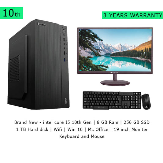 Brand New | intel core I5 10th Gen | 8 GB Ram | 256 GB SSD | 1 TB Hard disk | Wifi | Win 10 | Ms Office | 19 inch Moniter | Keyboard and Mouse - 3 YEARS REPLACEMENT WARRANTY