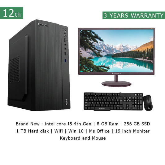 Brand New -  intel core I5 12th Gen | 8 GB Ram | 256 GB SSD | 1 TB Hard disk | Wifi | Windows 10 | Ms Office | 19 inch Moniter | Keyboard and Mouse - 3 YEARS REPLACEMENT WARRANTY