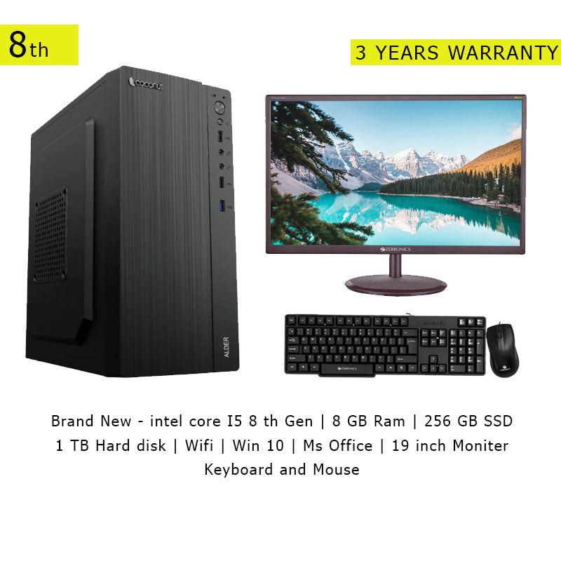 Brand New | intel core I5 8th Gen | 8 GB Ram | 256 GB SSD | 1 TB Hard disk | Wifi | Windows 10 | Ms Office | 19 inch Moniter | Keyboard and Mouse - 3 YEARS REPLACEMENT WARRANTY